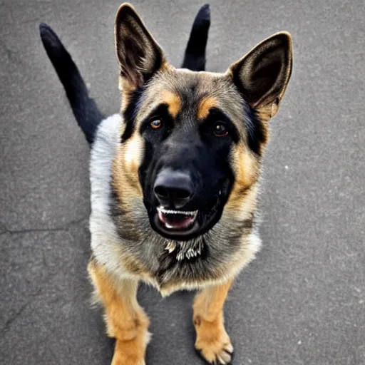 Image similar to a humanoid german shepherd, he wears a gray t - shirt with blue jeans.