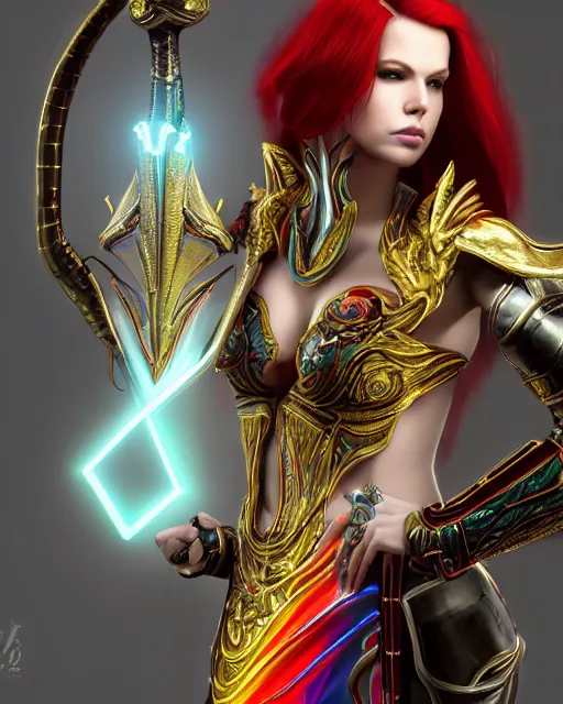 Prompt: red - haired final fantasy white marble egyptian pharaoh stroking her shiny rainbow dragon, warframe armor, regal, attractive, ornate, sultry, beautiful, elize theron, pretty face, green eyes, scifi platform, 4 k, ultra realistic, epic lighting, illuminated, cinematic, black gold, art by alexandra petruk, voidstar