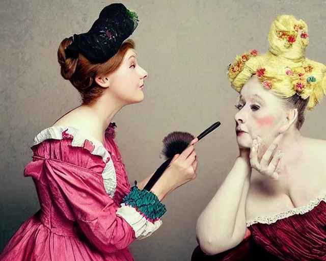 Image similar to an innocent and beautiful scene in hyper realistic style, about an old and lonely woman applying makeup in front of the camera, and modeling a victorian dress. a huge and colorful fish sits on her head.