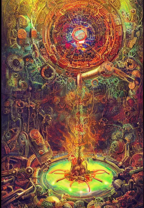 Image similar to colorful medical equipment, cameras, radiating, neon light mandala, minimalist environment, by ryan stegman and hr giger and esao andrews and maria sibylla merian eugene delacroix, gustave dore, thomas moran, the movie the thing, modern art, graffiti, saturated