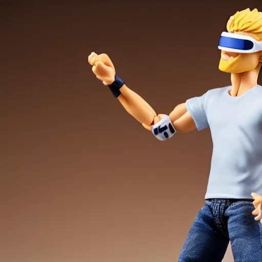 Image similar to action figure of a skinny blonde male wrestler wearing a vr headset and wearing a t - shirt and jeans, high detail, realistic,