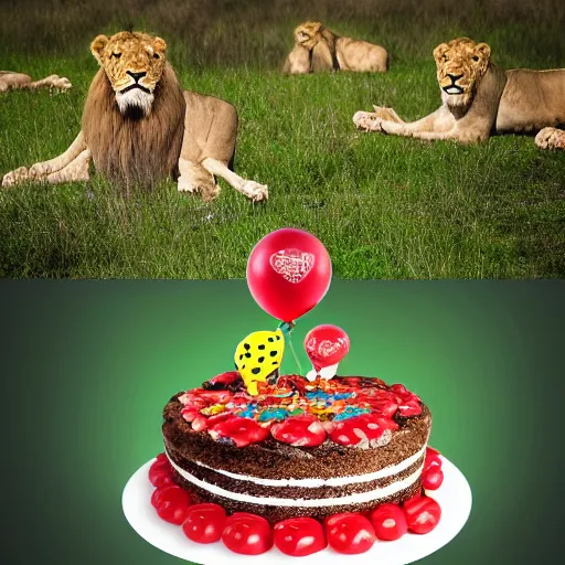 Image similar to award winning nature photography, a scenic picture of a birthday cake surrounded by lions. balloons are in the background. lion birthday party setting. extremely detailed lions. hyperrealistic, 8 k