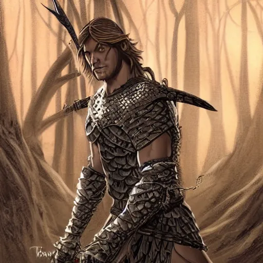 Image similar to a young travis fimmel as an elven warrior in chainmail, in the style of brom, keith parkinson, heroic, highly detailed, concept art, high key, ambient lighting, in a forest,