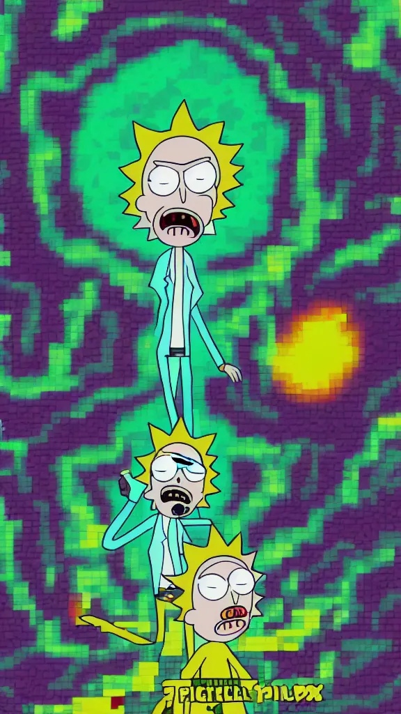 Image similar to Rick and Morty style pixel art explosion, painterly