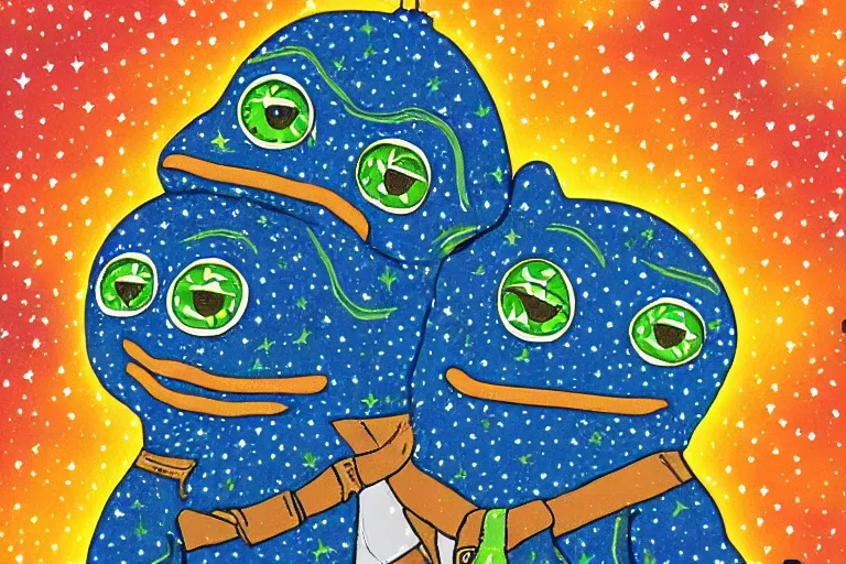 Image similar to night starry sky full of pepe the frog, by lous wain and and fernand toussaint