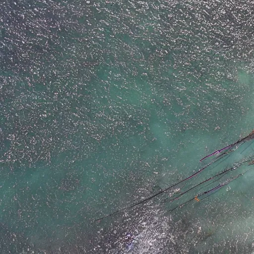 Prompt: realistic aerial drone shot of British fishing trawler