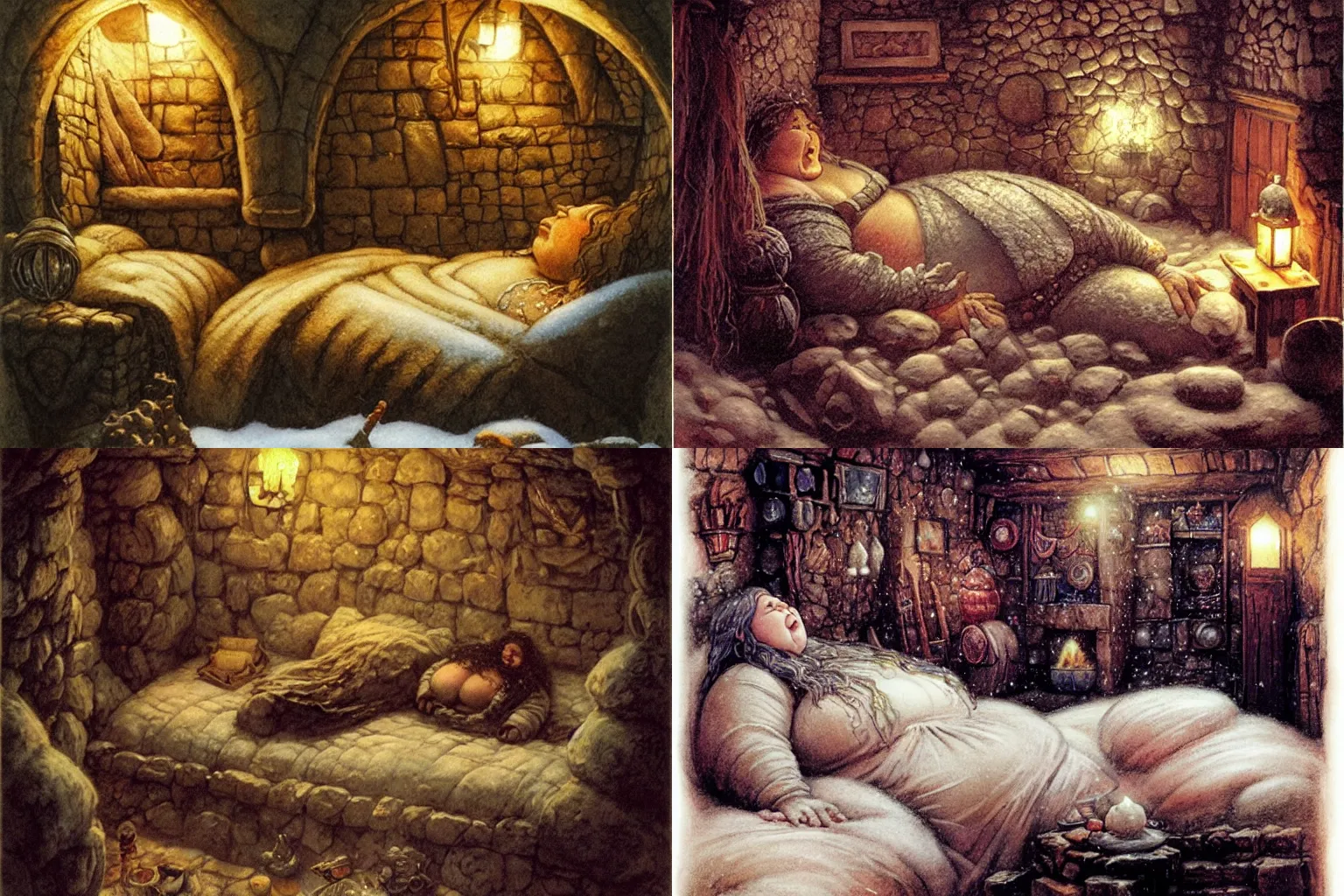 Prompt: a chubby dwarven woman in her cozy stone bedroom at night, snowing outside, warm beautiful scene, comfortable atmosphere, cozy bed, jeff easley, brian froud