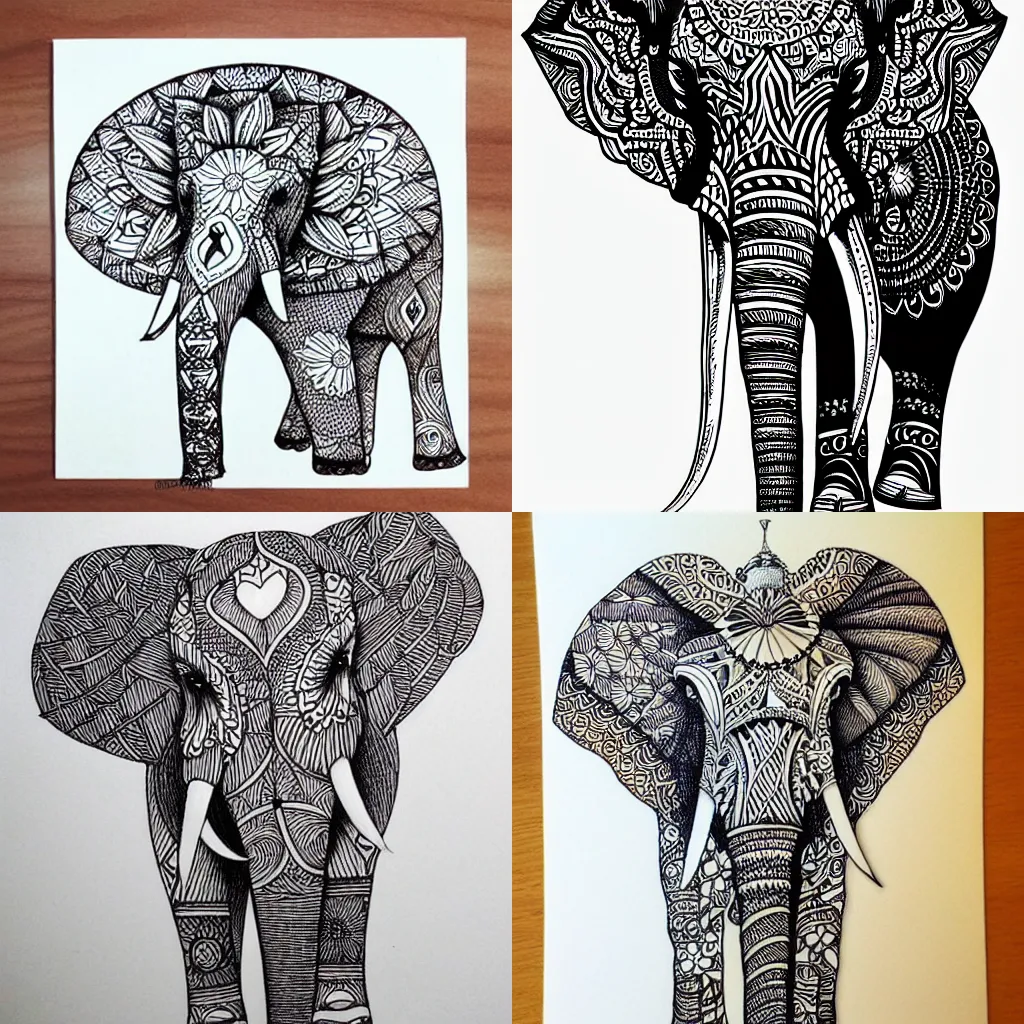 Prompt: elephant, ink illustration, zentangle art, very beautiful masterpiece