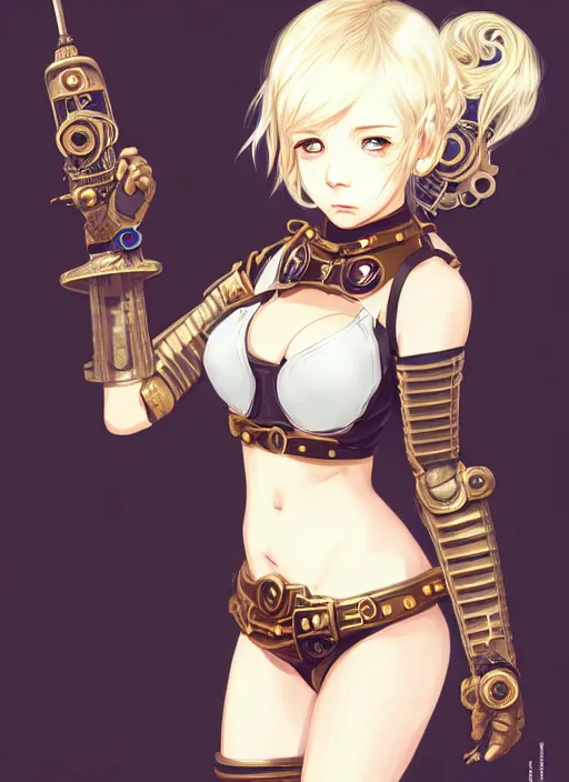 Image similar to portrait Anime girl in steampunk bikini armor, cute-fine-face, white-hair pretty face, realistic shaded Perfect face, fine details. Anime, steampunk, bioshock. realistic shaded lighting by Ilya Kuvshinov and Gustav Klimt