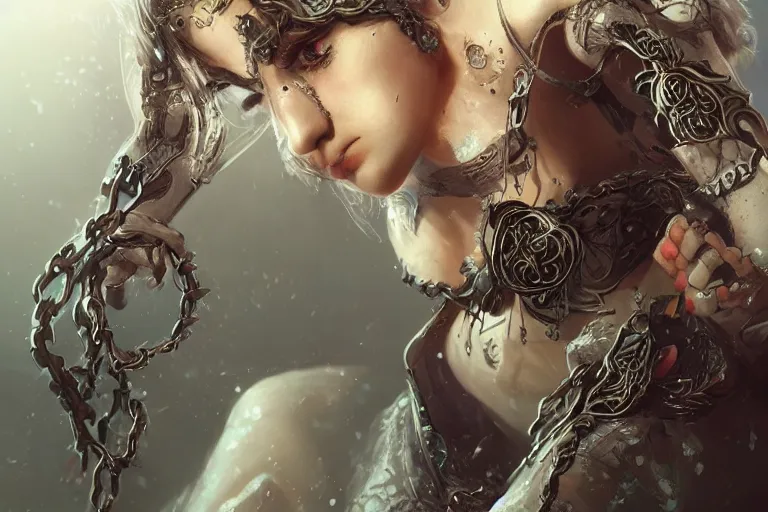 Image similar to Girl Warriorr fantasy, intricate, elegant, highly detailed, digital painting, artstation, concept art, addiction, chains, smooth, sharp focus, illustration, art by Ilja Repin, octane render, RPG_portrait