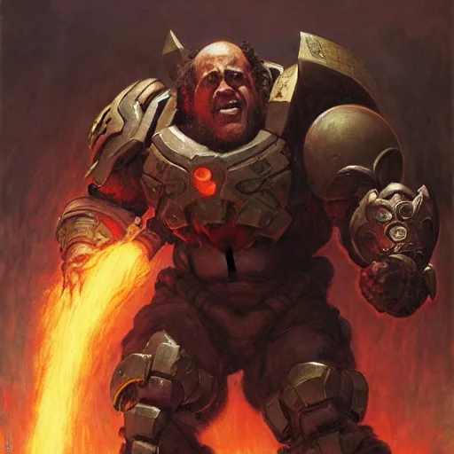 Image similar to Danny DeVito Doom Slayer, by gaston bussiere, craig mullins, Simon Bisley