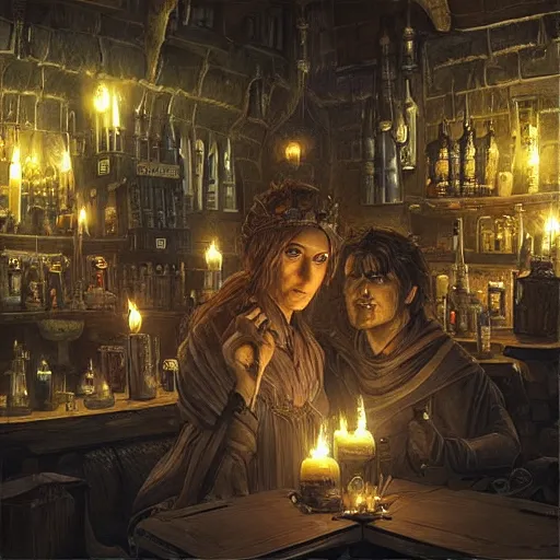 Prompt: “A dark tavern with lots of candles, creepy fantasy ambience, similar to Mos Eisley bar scene, D&D, fantasy, intricate, cinematic lighting, highly detailed, digital painting, artstation, concept art, smooth, sharp focus, illustration, art by Artgerm and Greg Rutkowski and Alphonse Mucha”