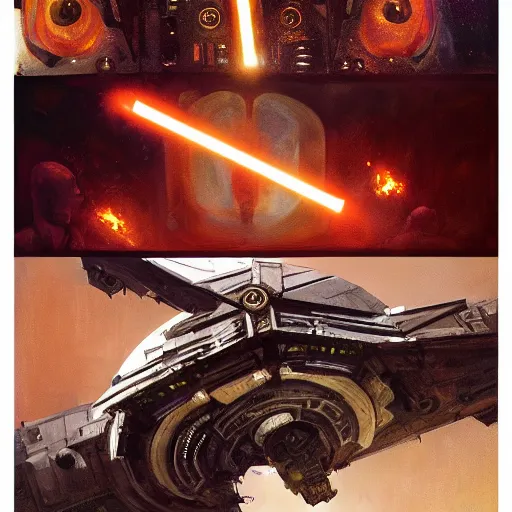 Image similar to Star Wars alien faces, the dark side, cinematography, Betty Jiang Alphonse Mucha, orange and white, orange light, desert temple, by jeremy mann painting, ultra detailed, hyper realistic, craig Mullins, Krenz Cushart, Star Wars alien faces, the dark side, emmanuel lubezki cinematography, orange and un no white, orange light, desert temple, by jeremy mann painting, ultra detailed, hyper real, Nekro III, Nekro Borja