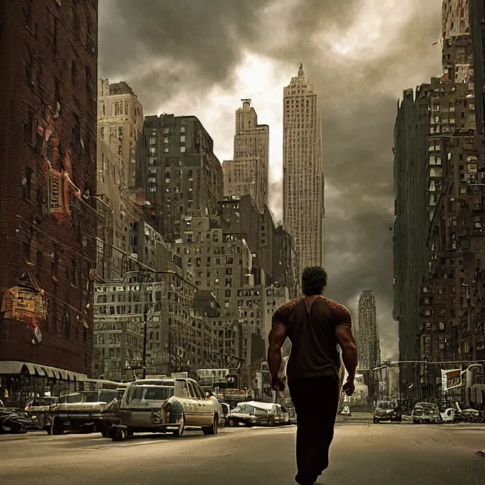 Image similar to a color photo portrait of the incredible hulk looking angry in new york city by gregory crewdson dramatic lighting.