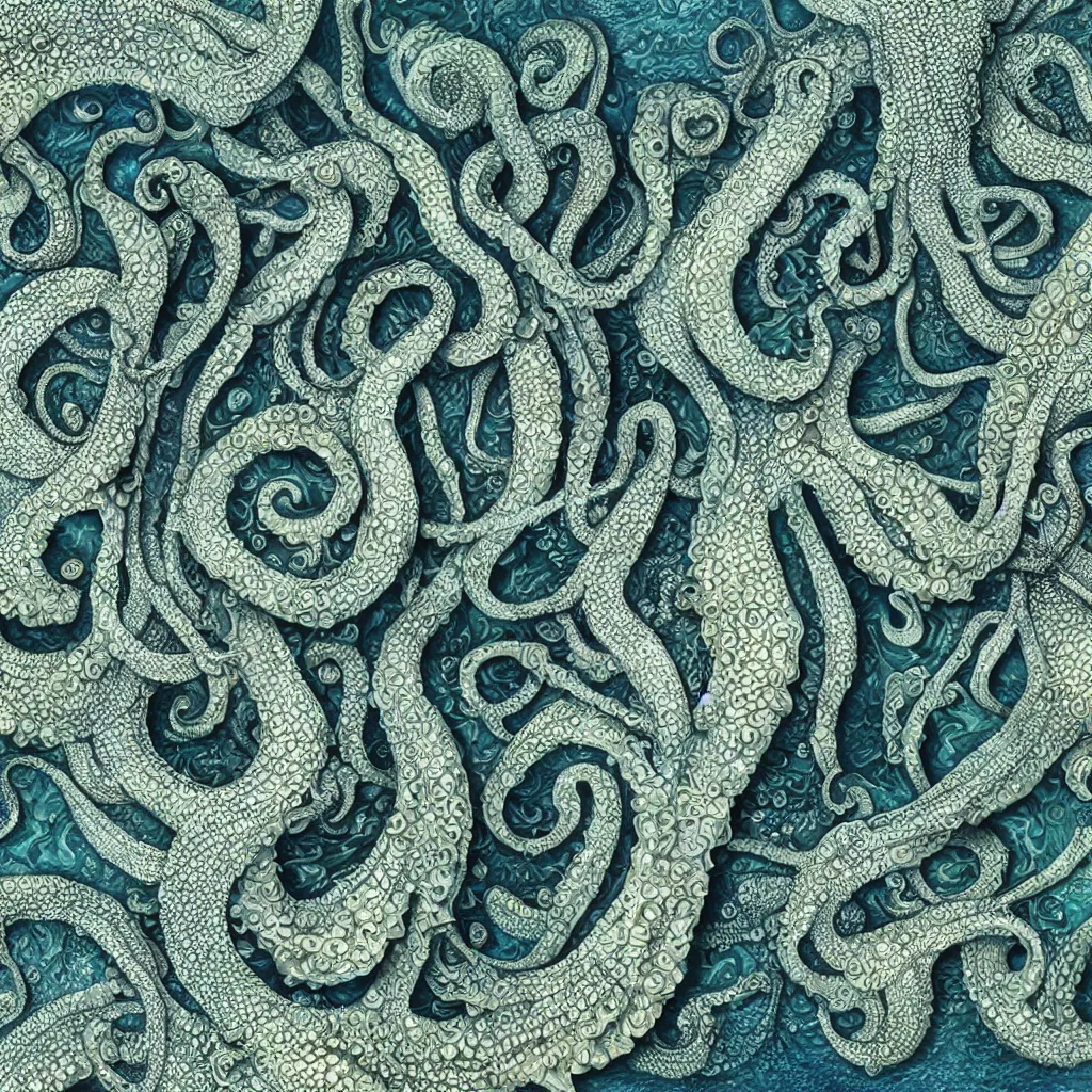 Image similar to complexoctopus skin by ernst haeckel, closeup, fractal engravings, sea horse, realistic cinema 4 d render, beach sand background, clear focus, very coherent, very detailed