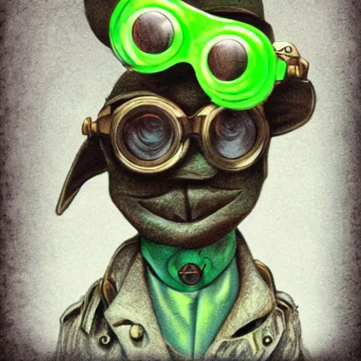 Prompt: steampunk kermit with goggles, portrait