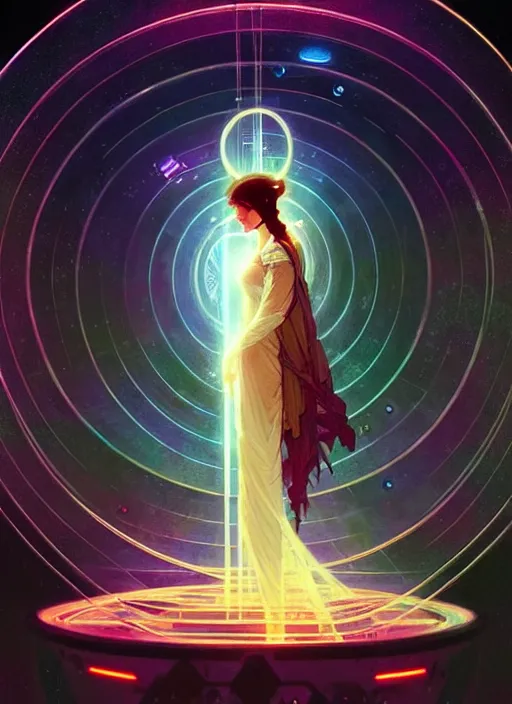 Image similar to high depth, collective civilization love, calm, healing, resting, life, hybrids, scifi, glowing lights!!, published concept art, mixed medias, image overlays, sharp focus, thin glowing wires, winning illustration, art by greg rutkowski and alphonse mucha, singularity!!!, 3 6 0 projection