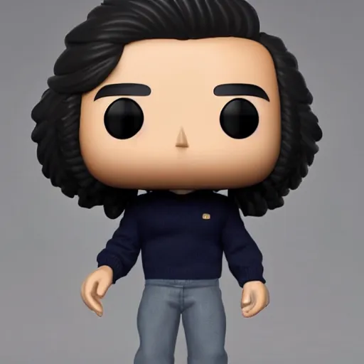 Prompt: a 21 year old skinny white guy with no beard and black hair in a navy blue sweater , jeans and grey shoes funko pop close up highly detailed photo