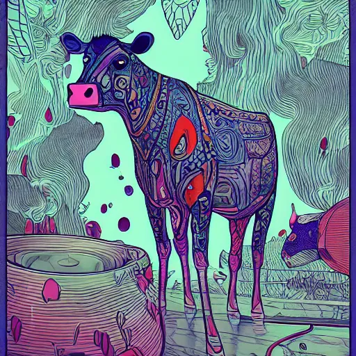 Image similar to a cow made up of milk, an ultrafine detailed illustration by james jean, intricate linework, bright colors, final fantasy, behance contest winner, vanitas, angular, altermodern, unreal engine 5 highly rendered, global illumination, radiant light, detailed and intricate environment