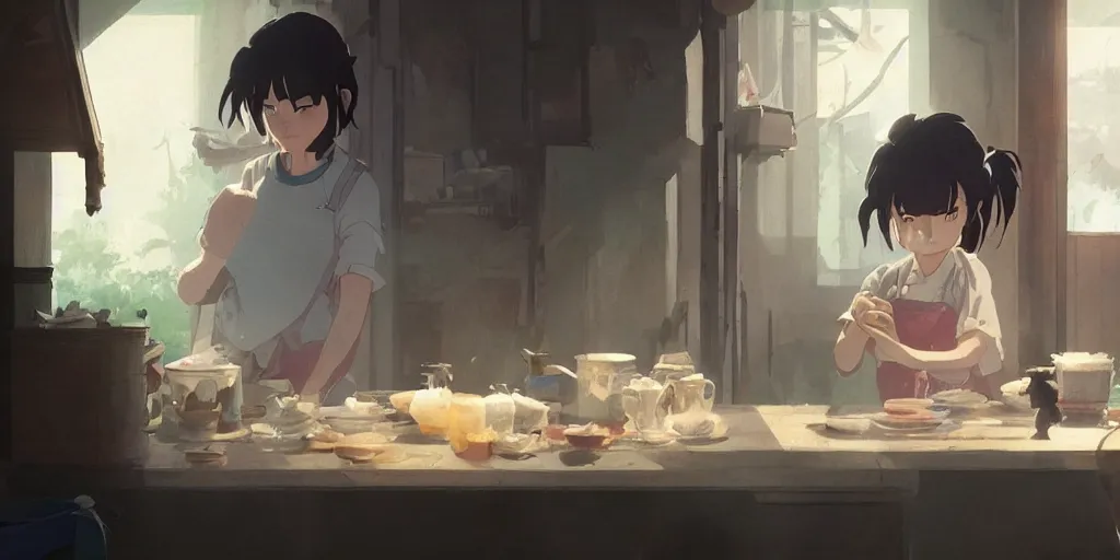 Image similar to a girl makes breakfast in her house, close up shot from the side, anime art, Greg Rutkowski, studio ghibli, dramatic lighting