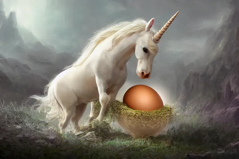 Image similar to a baby unicorn emerging out of an egg, matte painting, concept art, digital art, trending on artstation, 4 k, extremely detailed, realistic, fantasy art,