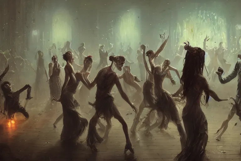 Image similar to Well-groomed zombies dancing in a banquet hall on the dance floor, feeling good as loud music plays, trending on artstation, 4k, 8k, illustrated by Greg Rutkowski and Gaston Bussiere, artstation digital, artstation serene