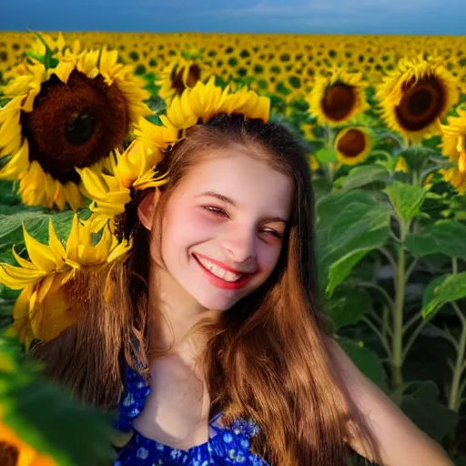 Prompt: Portrait, Photo of a Ukrainian girl Smiling at the camera, Beautiful pretty young, flowers in her dark hair, Scene: Sunflower field, Colors: Yellow sunflowers, blue cloudy sky, In a style of Real-Life Natural Photo