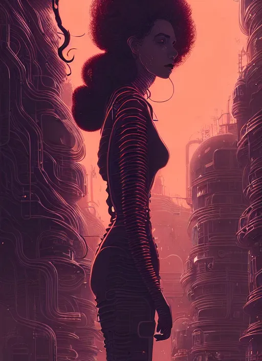 Image similar to highly detailed portrait of sci - fi long curly fire hair lady, stray wiring by atey ghailan, james gilleard, by joe fenton, by greg rutkowski, by greg tocchini, by kaethe butcher, 4 k resolution, gradient red, orange, black and white color scheme!!! ( ( flaming robotic dystopian city spiral background ) )