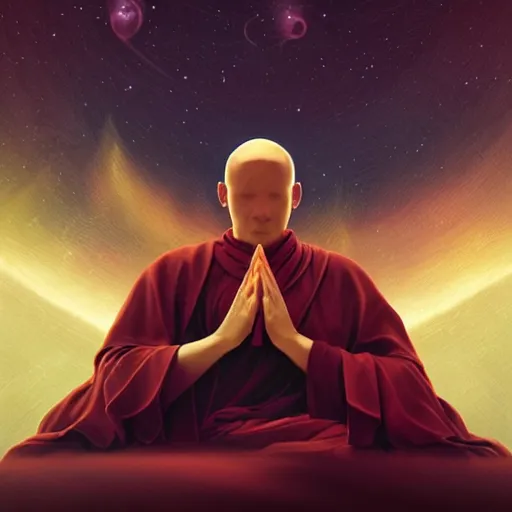 Prompt: the elegance of life, contrasting colors, cinematic, a simple textured vector based illustration, extraordinary lighting, a bald monk meditates facing the nebula, critical detail, atmospheric dreamscape painting, digital art, wlop by ( jeremiah ketner and leonardo da vinci and greg rutkowski ), sharp focus