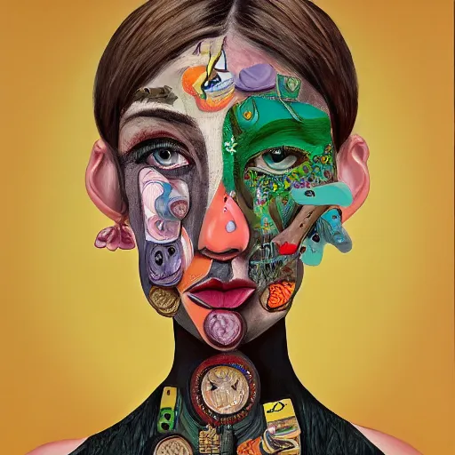 Image similar to a painting of a woman's face with many different things on her face, a surrealist painting, behance contest winner, pop surrealism, surrealist, detailed painting, poster art