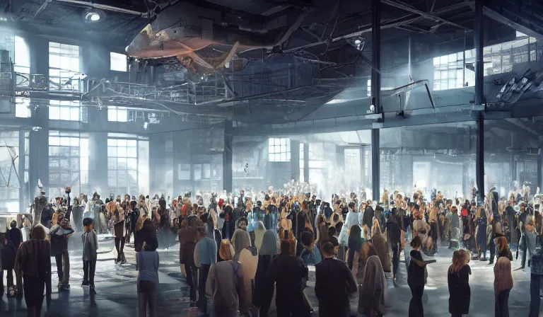 Prompt: large group people in simple warehouse, looking at hologram of futuristic downtown on a table, cinematic concept art, godrays, golden hour, natural sunlight, 4 k, clear details, tabletop model buildings, center model tall buildings, hologram center, crane shot, crane shot, crane shot, clear details, windows