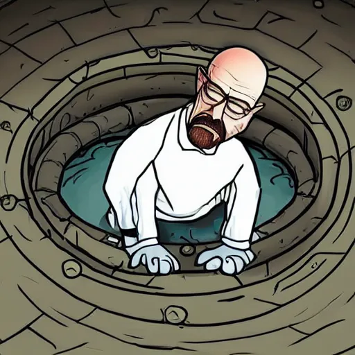 Image similar to Walter white hiding in a sewer, dark, unlit