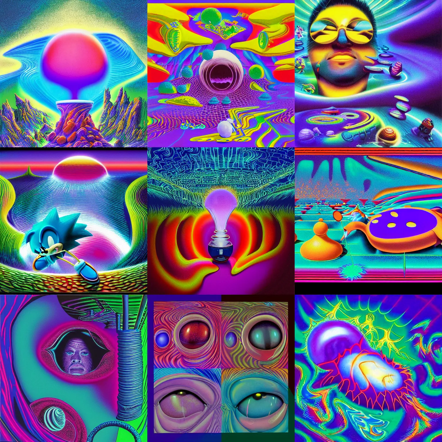 Prompt: dreaming of closeup sonic hedgehog portrait lava lamp claymation scifi matte painting landscape of a surreal alex grey, retro moulded professional soft pastels high quality airbrush art album cover of a liquid dissolving airbrush art lsd sonic the hedgehog swimming through cyberspace purple teal checkerboard background 1 9 8 0 s 1 9 8 2 sega genesis video game album cover