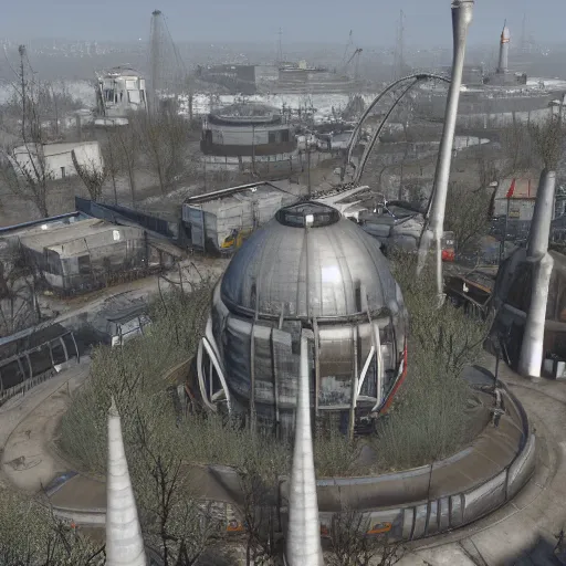 Image similar to the atomium from belgium in fallout 4, screenshot, high res, raytracing