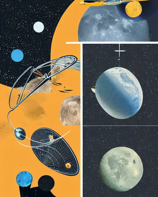 Image similar to A collage of Space Travel, landing on the moon, mid-century modern, made of random shapes cut from magazines