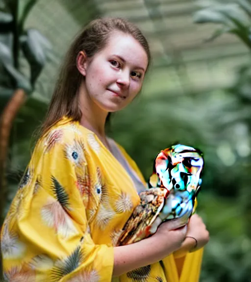 Prompt: head to shoulder Portrait a beautiful young woman wearing a yellow kimono in a tropical greenhouse with a very detailed barn owl on her shoulder, medium format camera, 85mm f1.8, bokeh
