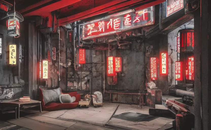 Image similar to maximalist interior of a japanese bedroom, concrete, cyberpunk, japanese neon signs, retro futuristic, old brick walls, rough wood, grey, anthracite, red, akihabara style, swedish style, window with a view of apartment blocks