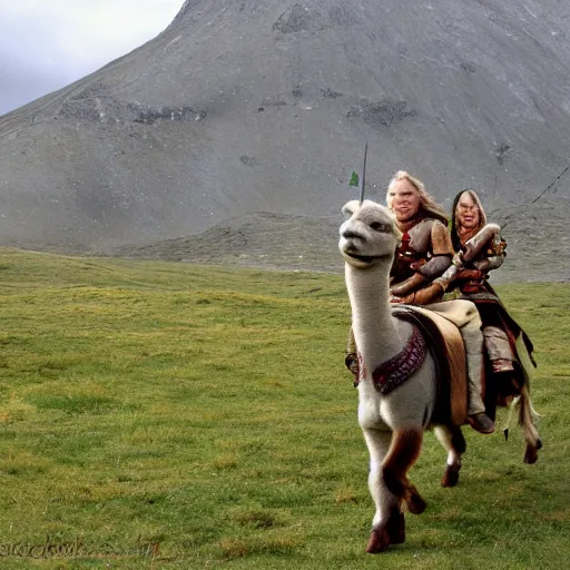 Image similar to rohirrim, riding toward minas tirith on alpacas