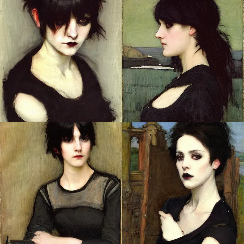 Prompt: a goth portrait painted by john william waterhouse. her hair is dark brown and cut into a short, messy pixie cut. she has a slightly rounded face, with a pointed chin, large entirely - black eyes, and a small nose. she is wearing a black tank top, a black leather jacket, a black knee - length