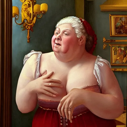 Image similar to of a very funny renaissance style oil painting of a sweet fat old woman kissing herself. symmetrical face, red mouth, blue eyes. a flowered dress. a hyper - realistic scene. 3 d, octane processing, deep focus, white scene. a very funny and sweet picture. unreal engine. watercolor. fellini cinematic style. poster quality. freud painting style.