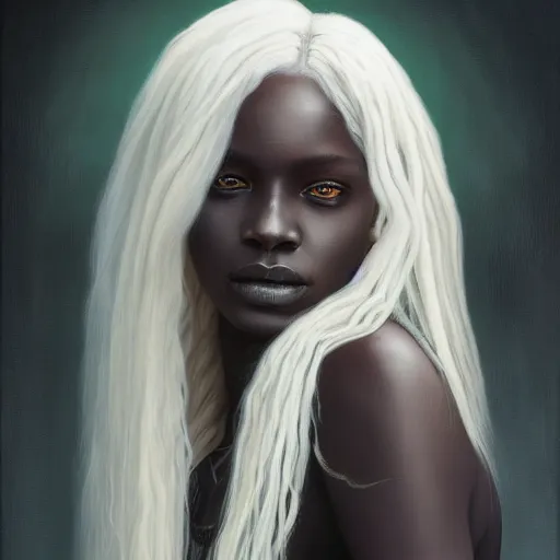 Image similar to a detailed matte oil on canvas head on symmetrical portrait of black skinned woman with! long white hair! and ( ( ( pale greenish ) ) hair, clothed by charlie bowater, lise deharme, wlop, trending on artstationhd, dungeons and dragons art critical role