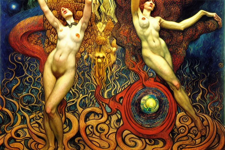 Image similar to Divine Chaos Engine by Karol Bak, Jean Delville, William Blake, Gustav Klimt, and Vincent Van Gogh, symbolist, visionary