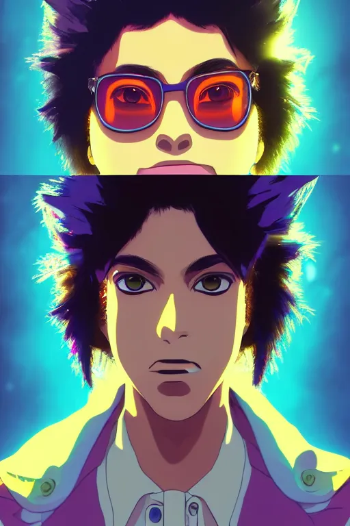 Image similar to prince, rock star, photorealistic face 4 k digital paint by studio ghibli hayao miyazaki. vivid colours, vaporwave lighting style, very sharp and detailed. trending on artstation and behance.