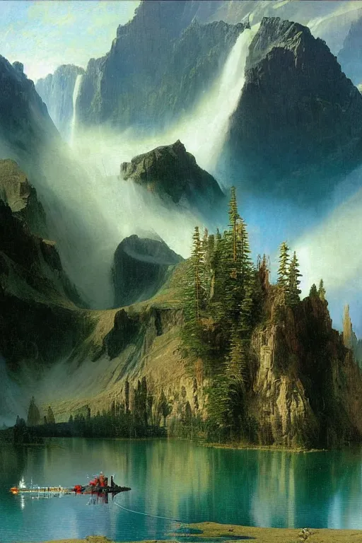 Prompt: a huge spacecraft hovers over lake in canadian rockies, waterfalls, cascades, beautiful day, by john berkey, albert bierstadt, ruan jia, lawrence alma tadema, zdzislaw beksinski, carl spitzweg, everett raymond kinstler, norman rockwell, jack kirby, tom lovell, greg staples