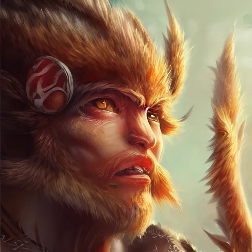 Image similar to detailed beautiful sun wukong art of a protagonist, depth of field, on artists amino, artists reddit by sakimichan patreon, wlop, weibo high quality art on artstation