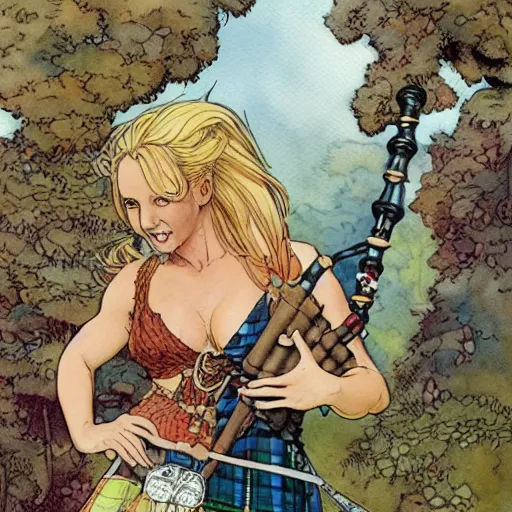 Image similar to a realistic and atmospheric watercolour fantasy concept art of britney spears dressed with scottish clothes and with bagpipe, muted colors. by rebecca guay, michael kaluta, charles vess and jean moebius giraud,