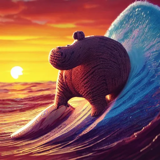 Prompt: a closeup photorealistic render of a cute knitted tiger hippopotamus riding a large wave at sunset. surf in the background. intricate stitching. professional capture. brightly lit scene. this 4 k hd image is trending on artstation, featured on behance, well - rendered, extra crisp, features intricate detail, epic composition and the style of unreal engine.