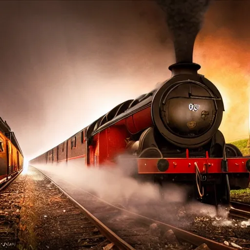 Image similar to the hogwarts express jacobite steam train, the train is coming at the camera, loads of steam, dramatic light, night scene, greg rutkowski, zabrocki, karlkka, jayison devadas, trending on artstation, 8 k, ultra wide angle, zenith view, pincushion lens effect