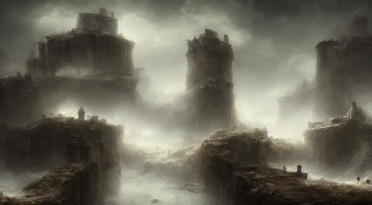 Prompt: abandoned fortress melancholy tundra. andreas achenbach, artgerm, mikko lagerstedt, zack snyder, tokujin yoshioka