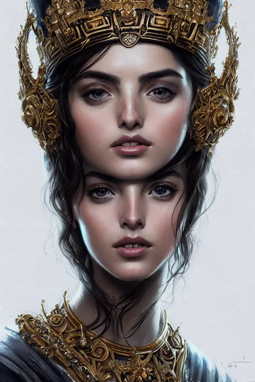 Image similar to highly detailed portrait of ana de armas as an elegant goddess, ornate crown, beautiful symmetrical face, digital painting, artstation, concept art, smooth, clear focus, illustration, greg rutkowski, artgerm, global lighting, detailed and fantasy